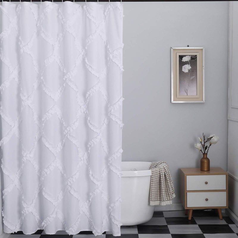 GARSTYLE White Ruffle Diamond Fabric Shower Curtain for Bathroom | Farmhouse Rustic Style 72â€™â€™x72â€™â€™ - Image 1